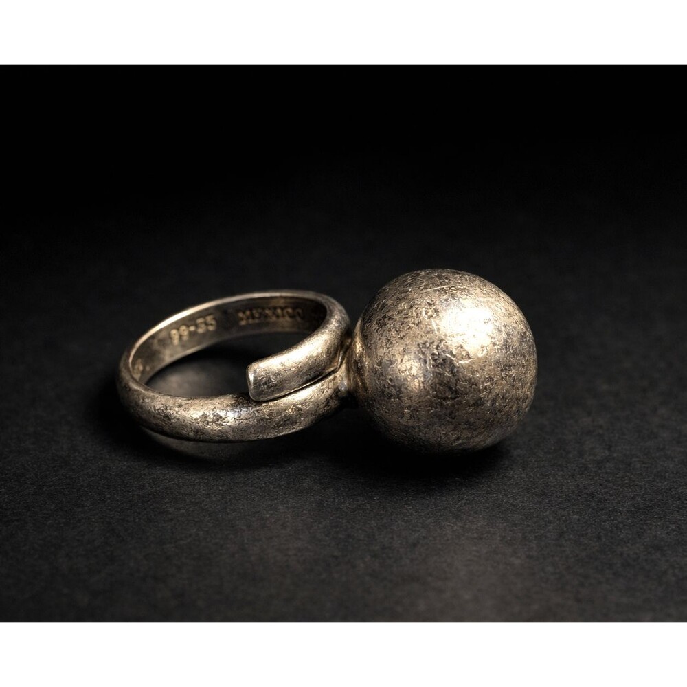 Vintage Taxco Sterling Silver Brutalist Rattle Ring Orb Adjustable 925